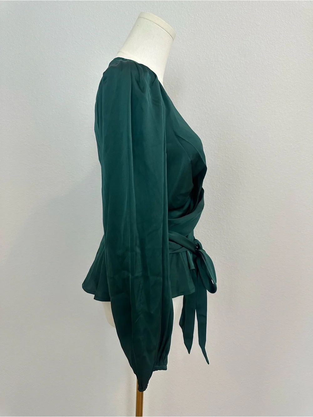 NWT ASTR The Label Forest Green Faux Wrap Satin Blouse Medium Puff Sleeve